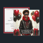Snyggt African American Boy Black/Red Birthday Kort<br><div class="desc">Fira med stil! Vår hälsningskort för födelsedag är ett exempel på en amerikansk pojke i lycklig som rockar en glatt svart och röd tröja, svarta jeans och lyxsolglasögon. Han står mitt i stora svarta och röda presentlådor, konfetti och ballonger. Fronttexterna lyder: "Birthday Behavior". Anpassa ditt speciella hälsning på baksidan. Höj...</div>