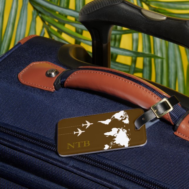 Snyggt Airplan Traveler Monogrammed Brown Bagagebricka (Framsida Insitu 3)
