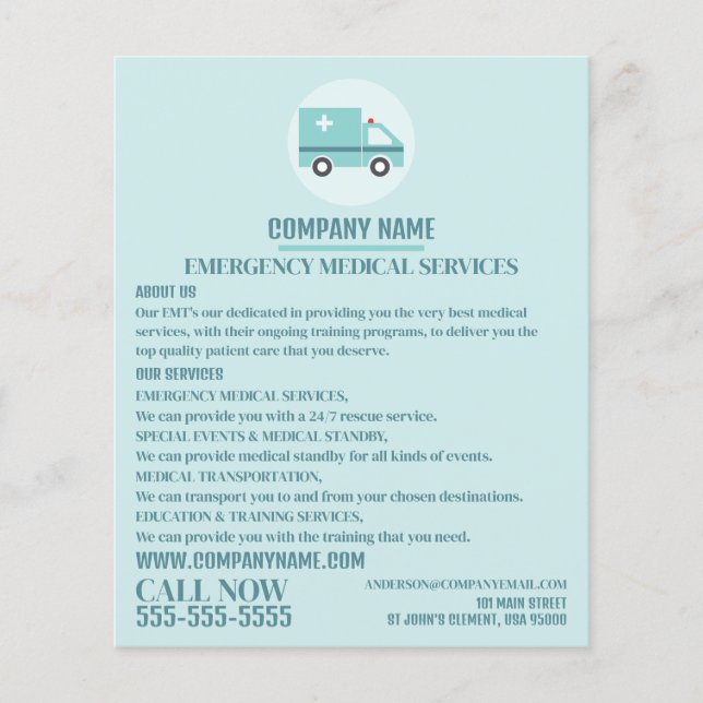 Snyggt Ambulance Design, EMT, Sjukvårdare Advert Flygblad (Framsidan)