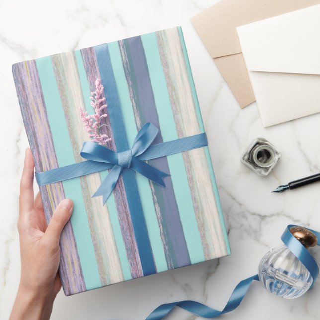 Snyggt Aqua Blue Lila Beach Hut Rand Mönster Presentpapper (Gifting)