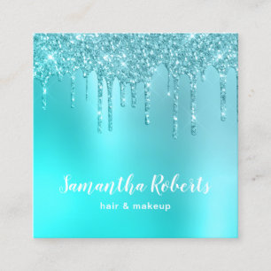 Snyggt aqua blue mynta glitter borrar hår och mak fyrkantigt visitkort