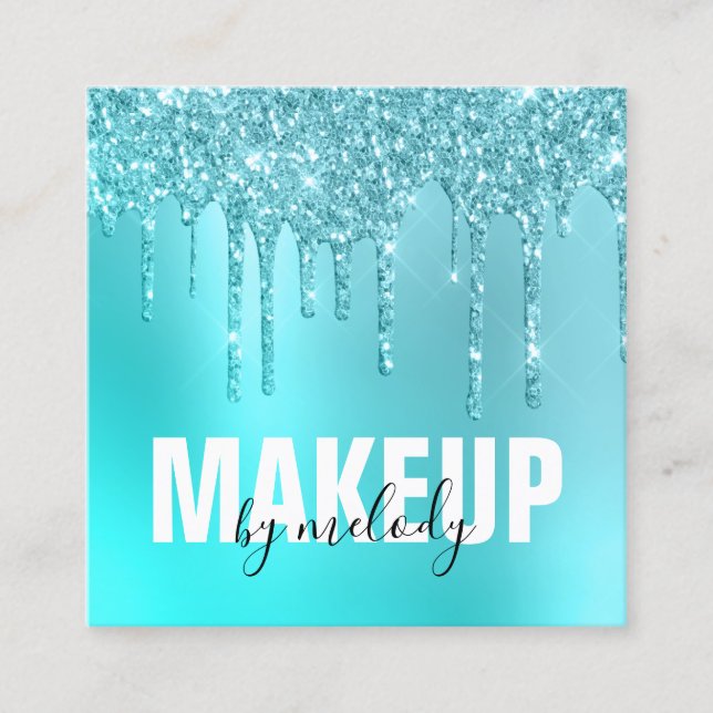 Snyggt aqua blue mynta glitter droppar makeup arti fyrkantigt visitkort (Framsida)