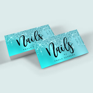 Snyggt aqua blue mynta glitter droppar nagel visitkort