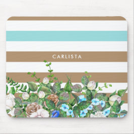 Snyggt Aqua och Tan Blommigt och Rand med Namn Musmatta