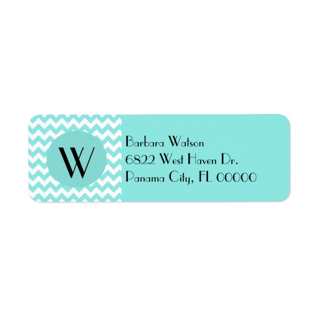Snyggt Aquamarine Chevron & Monogram Returadress Etikett (Framsidan)