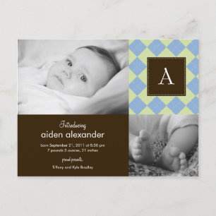 Snyggt argyle-födelsemärke för babypojke meddelande vykort