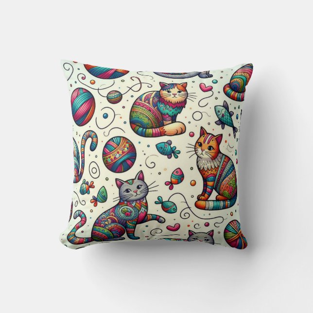 Snyggt av kraftigt färgad katt Mönster Pillow Kudde (Framsida)