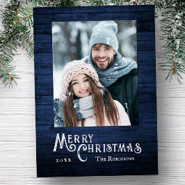 Snyggt av Rustic Land Photo Blue Wood Plank Skriv  Julkort
