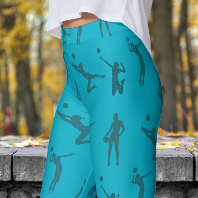 Snyggt Azure Blue Womens Volleyball Mönster Leggings (Womens Volleyball on Deep Azure Blue Leggings)