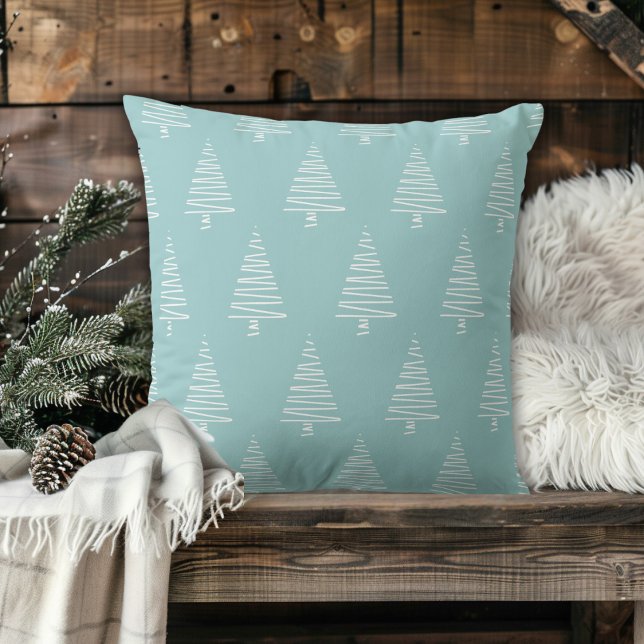 Snyggt Blå Grönt och Vitt Julgranar Kudde (Stylish Blue-Green And White Christmas Trees Throw Pillow)