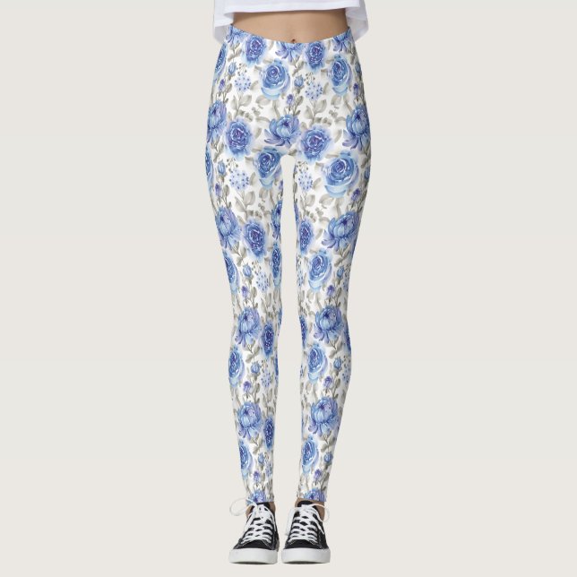 Snyggt Blå och grått Botaniska mönster Leggings (Framsida)