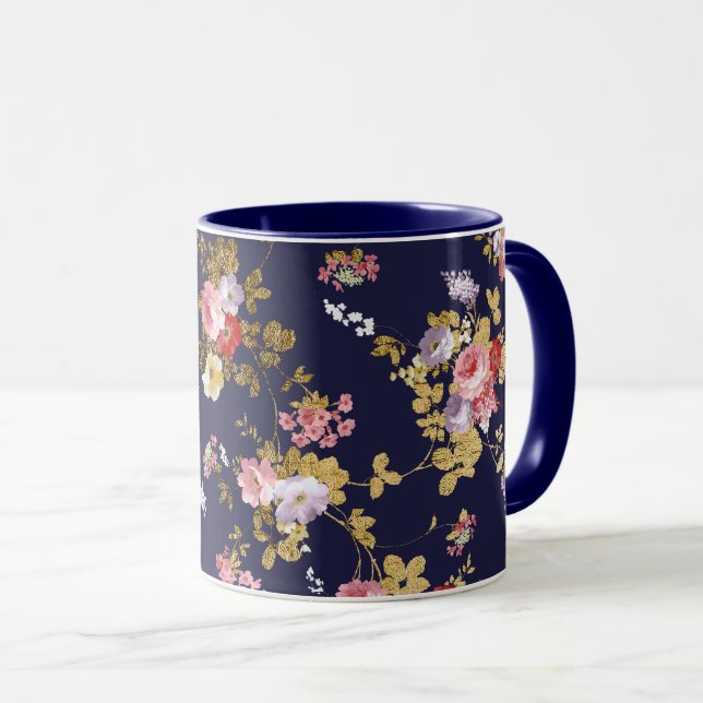 Snyggt Blåblå rosa guld boho blommigt Mugg (Framsida höger)