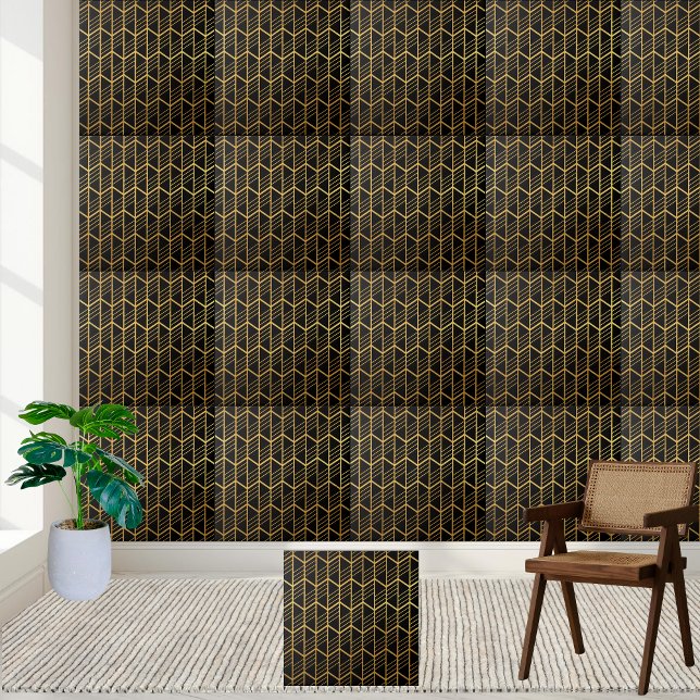 Snyggt Black and Guld Geometric Art Deco Tile Kakelplatta (Stylish Black and Gold Geometric Art Deco Tile)