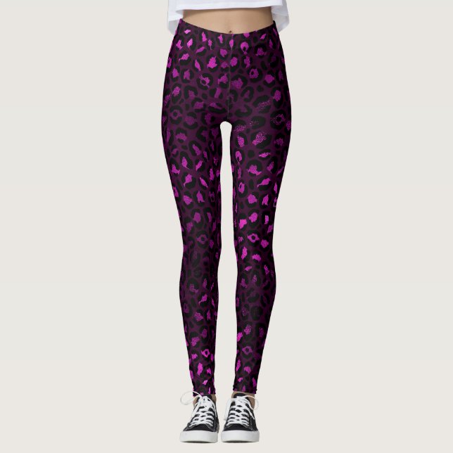 Snyggt Black and Lila Foil Vild Leopard Spots Leggings (Framsida)