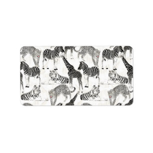 Snyggt Black and White Jungle Animals Mönster Adressetikett