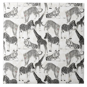 Snyggt Black and White Jungle Animals Mönster Kakelplatta