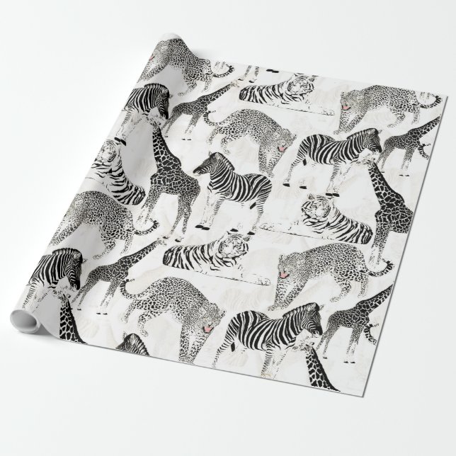 Snyggt Black and White Jungle Animals Mönster Presentpapper (Utrullad)