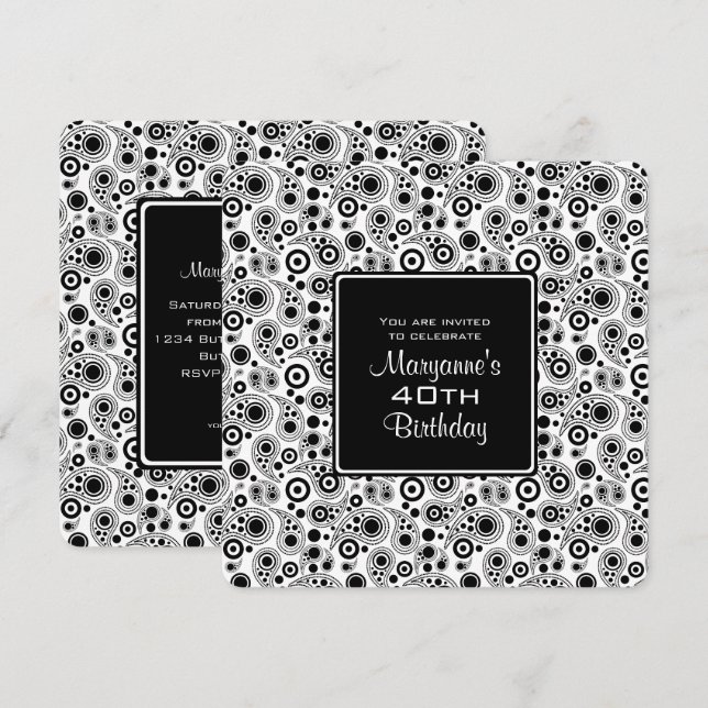 Snyggt Black and White paisley stil Birthday Inbjudningar (Fram/baksida)
