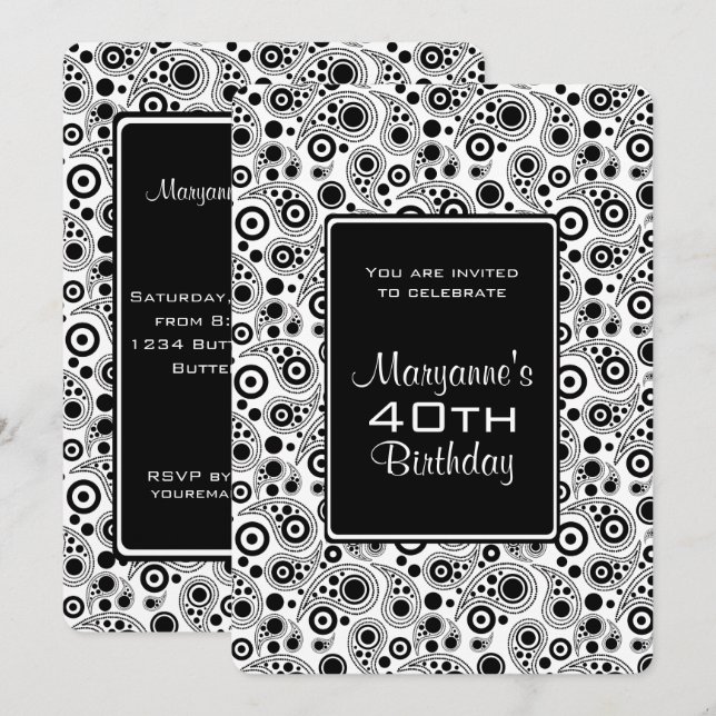 Snyggt Black and White paisley stil Birthday Inbjudningar (Fram/baksida)