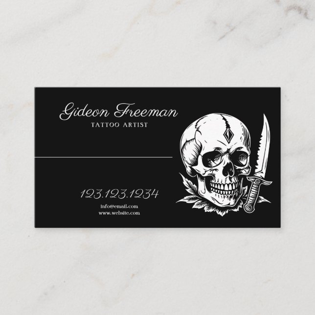 Snyggt Black and White Skull Knivar Tattoo Artist Visitkort (Framsida)