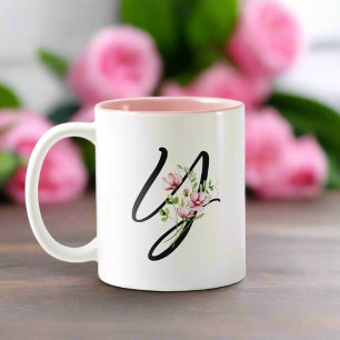Snyggt Black Brev ’Y’ Rosa Flowers Löv Två-Tonad Mugg