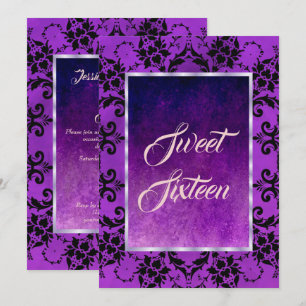 Snyggt Black Damask & Gothic Lila Sweet 16 Inbjudningar