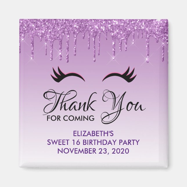 Snyggt Black Eyelash & Lila Glitter Birthday Magnet (Framsidan)