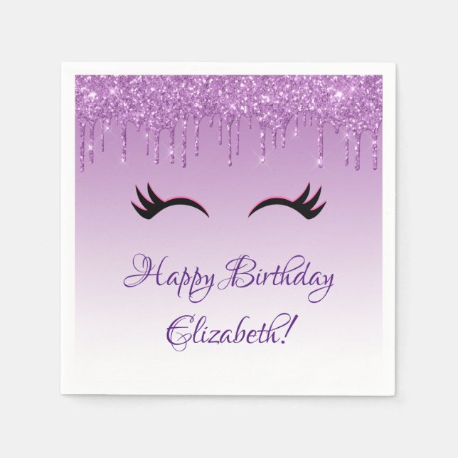 Snyggt Black Eyelash & Lila Glitter Birthday Pappersservett (Framsidan)