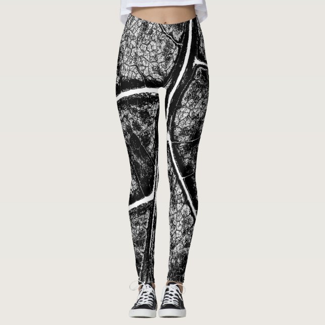 Snyggt Black Grått Löv Leggings (Framsida)