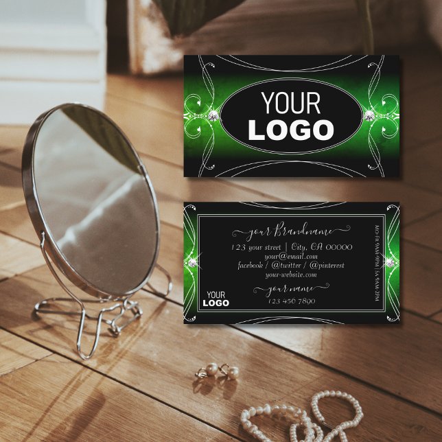 Snyggt Black Grönt Ornate Gnistra Jewel Add Logoty Visitkort (Skapare uppladdad)