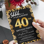 Snyggt Black & Guld 40:e överraskande Födelsedagsf Inbjudningar<br><div class="desc">Snyggt Black och guld överraskar födelsedagsfest inbjudan,  med ett ornate guld gräns,  stora guld-nummer i åldern och en födelsedagsmall som är lätt att anpassa.</div>