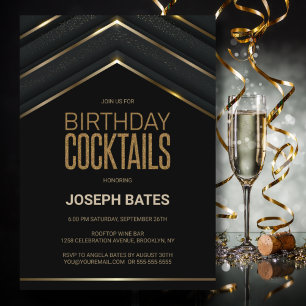 Snyggt Black Guld Birthday Cocktails Inbjudningar