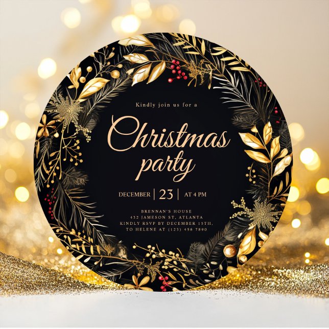 Snyggt Black Guld Elegant Julfest jul Inbjudningar (Stylish Black Gold Elegant Christmas Holiday Party Invitation)
