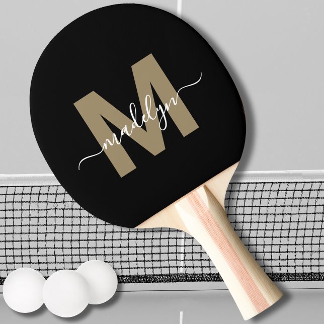 Snyggt Black Guld Elegant Namn Monogram Pingisracket (Stylish Black Gold Elegant Script Name Monogram Ping Pong Paddle)