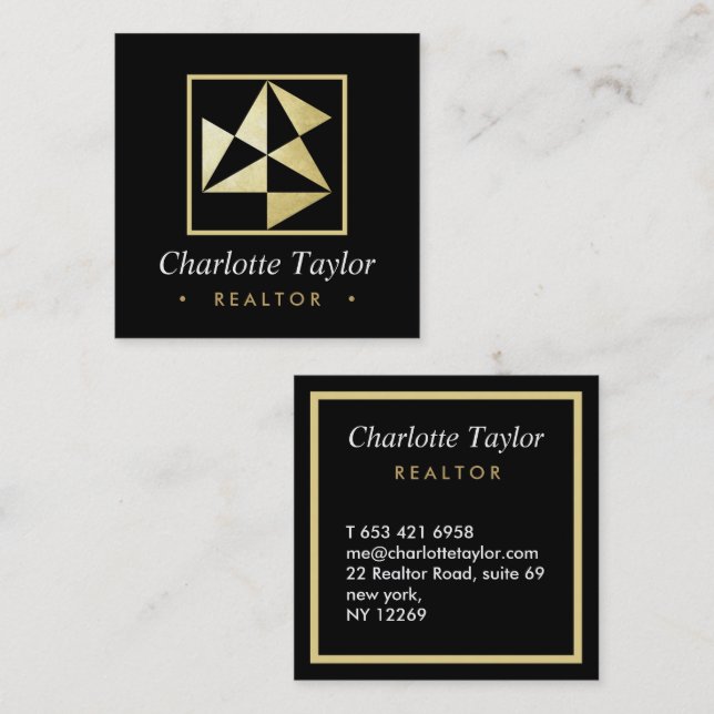 Snyggt Black & Guld Geometric Logotyp Fyrkantigt Visitkort (Fram/baksida)