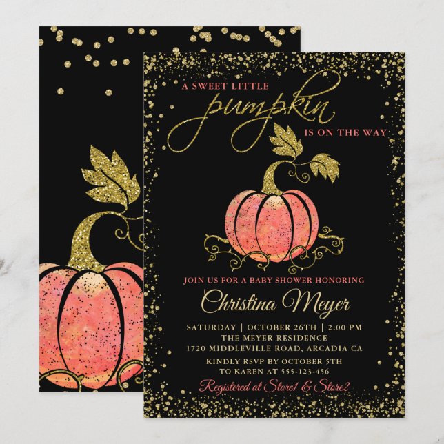 Snyggt Black Guld Glitter Pumpkin Baby Shower Inbjudningar (Fram/baksida)