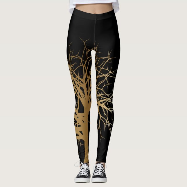 Snyggt Black Guld Livets träd Yoga Leggings (Framsida)