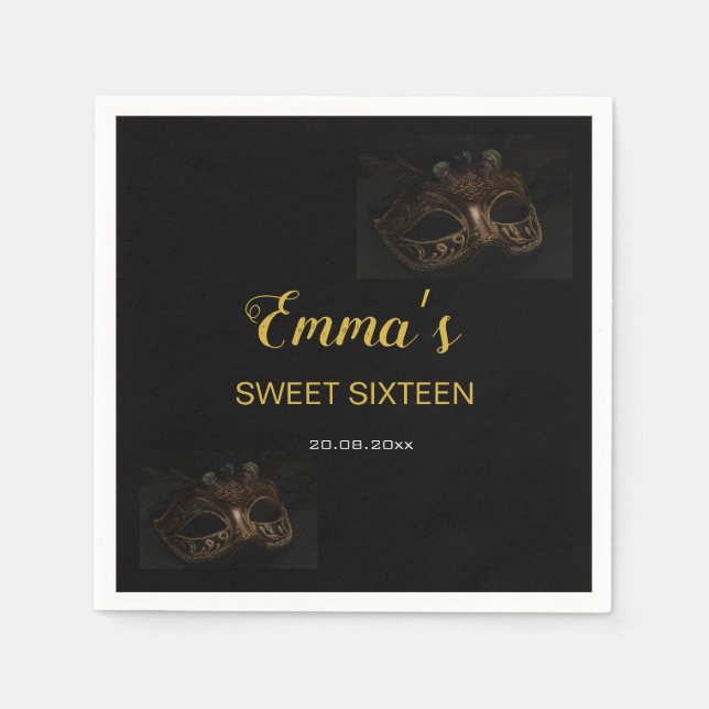 Snyggt Black & Guld Masqueramask 16 födelsedag Pappersservett (Framsidan)
