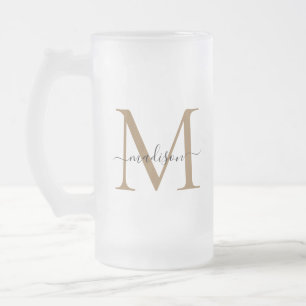 Snyggt Black Guld Monogram Elegant Script Namn Frostat Ölglas