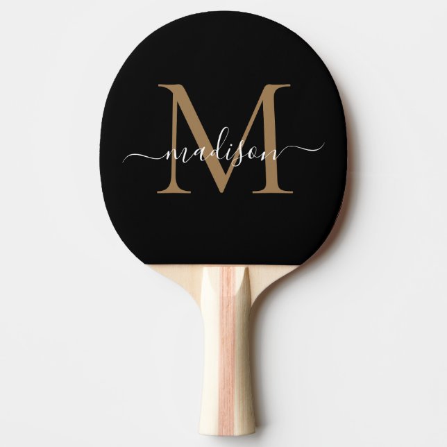 Snyggt Black Guld Monogram Elegant Script Namn Pingisracket (Framsidan)