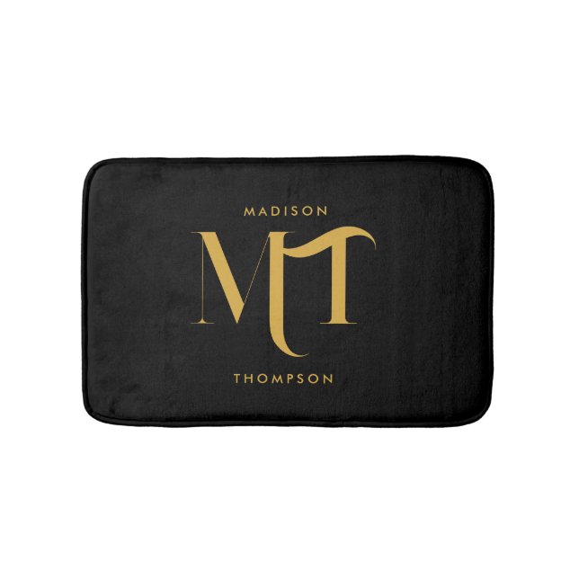 Snyggt Black & Guld Monogram Initialer Brev Badrumsmatta (Framsidan)