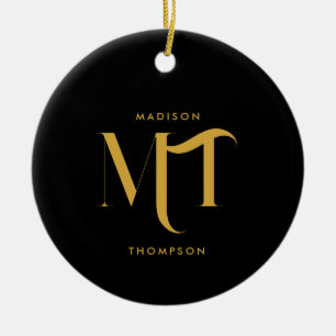 Snyggt Black & Guld Monogram Initialer Brev Julgransprydnad Keramik