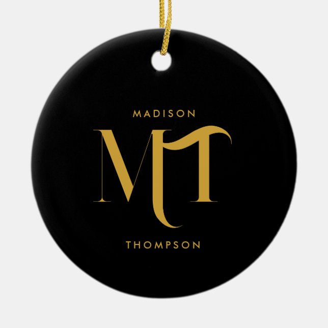 Snyggt Black & Guld Monogram Initialer Brev Julgransprydnad Keramik (Framsidan)