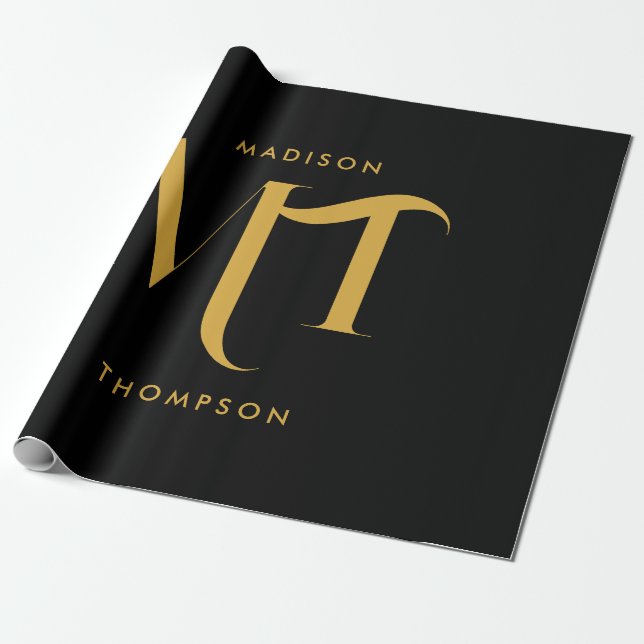 Snyggt Black & Guld Monogram Initialer Brev Presentpapper (Utrullad)
