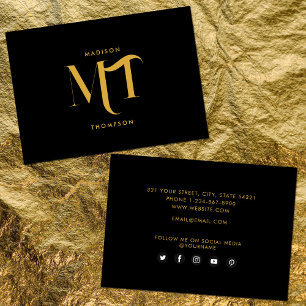 Snyggt Black & Guld Monogram Social Media Icons Visitkort