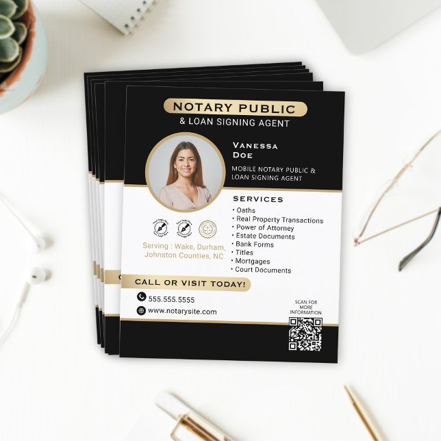 Snyggt Black Guld Notary Photo QR Code Marknadsför Flygblad (Skapare uppladdad)