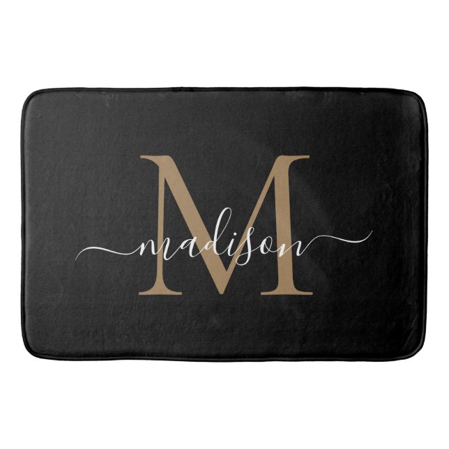 Snyggt Black Guld White Monogram Feminine Script Badrumsmatta (Framsidan)