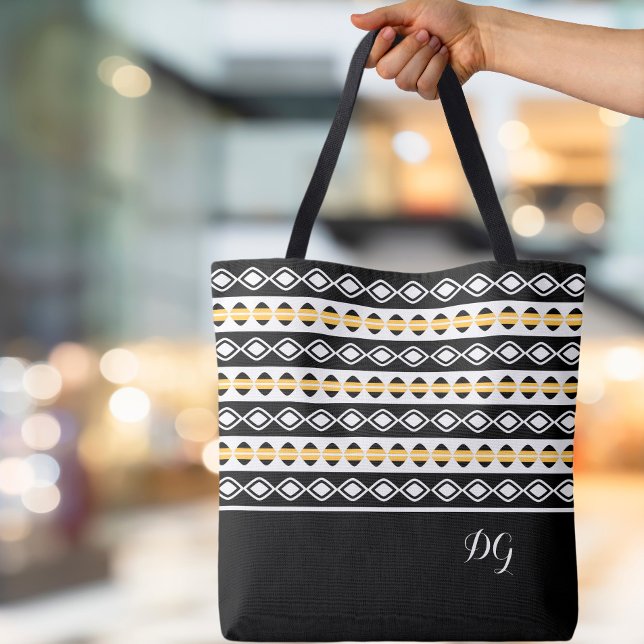 Snyggt Black Gult & White Geometric Mönster Tygkasse (Stylish Custom Monogrammed Initials Ornamental Black White Yellow Pattern Geometric Canvas Tote Bag)