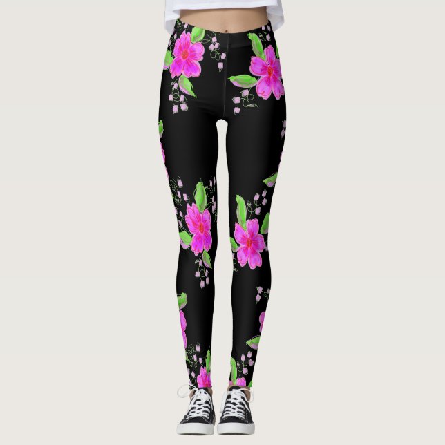 Snyggt Black Leggings med Rosa Flowers (Framsida)