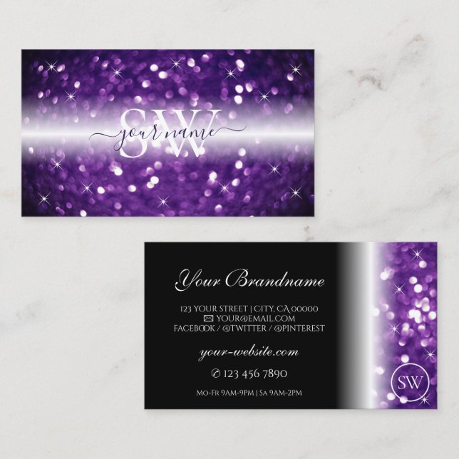 Snyggt Black Lila Sparkling Glitter Monogram Visitkort (Fram/baksida)